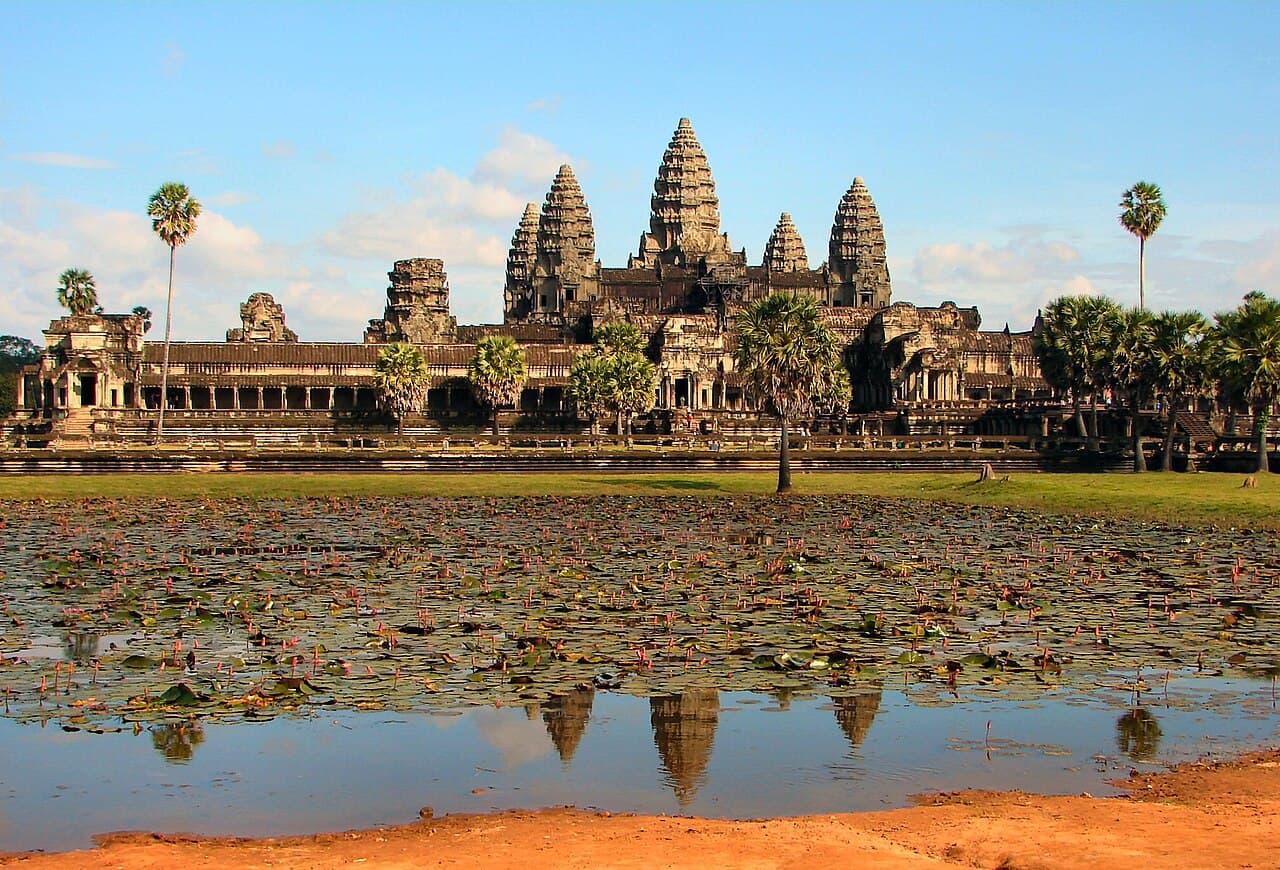 The main complex of Angkor Wat seen from the front in late afternoon light.